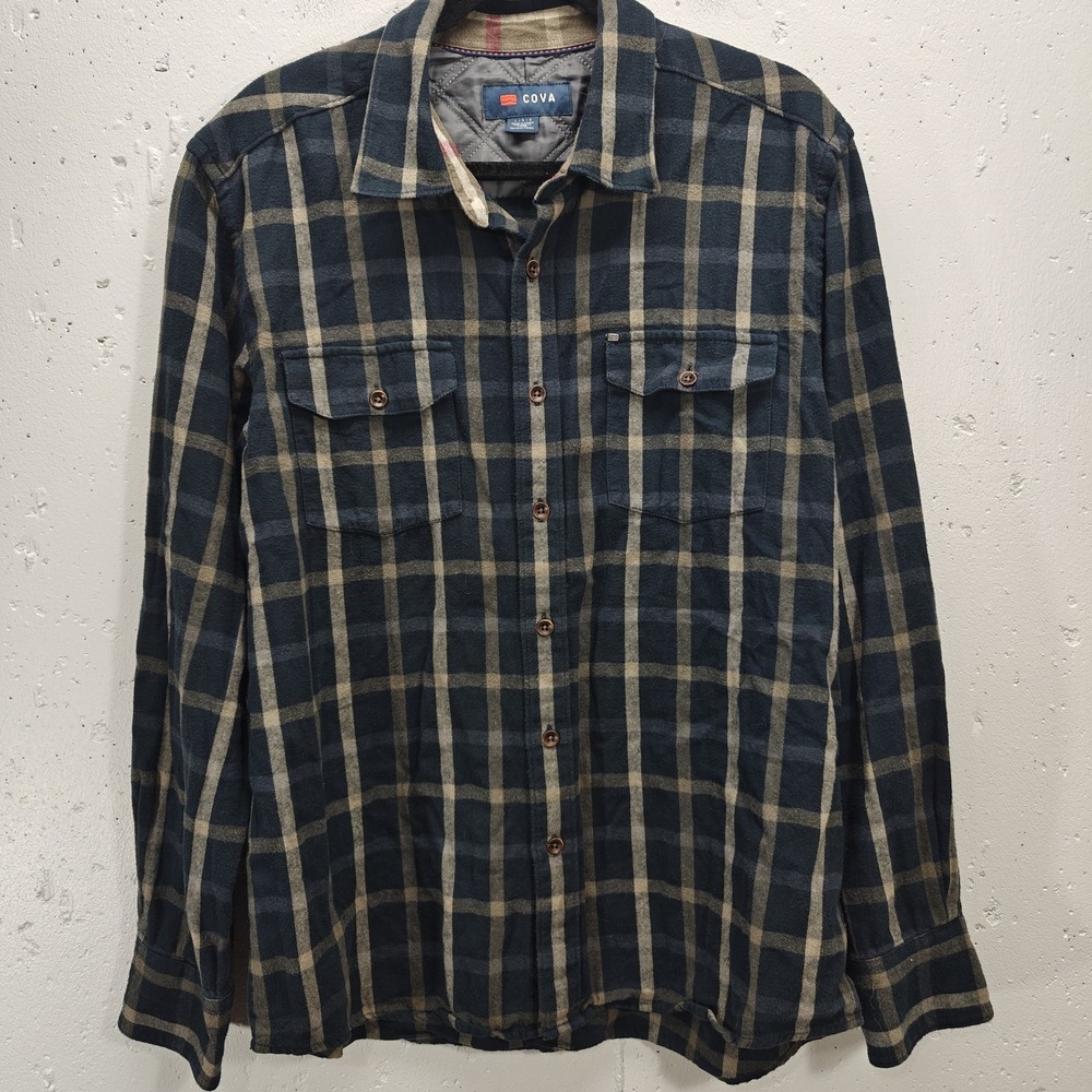 Cova Mens Large Plaid‎ Flannel Button Up Top Navy Blue Quilted Shoulders